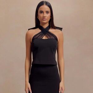 Meshki Black Halter Top with Sheer and Bow Detail